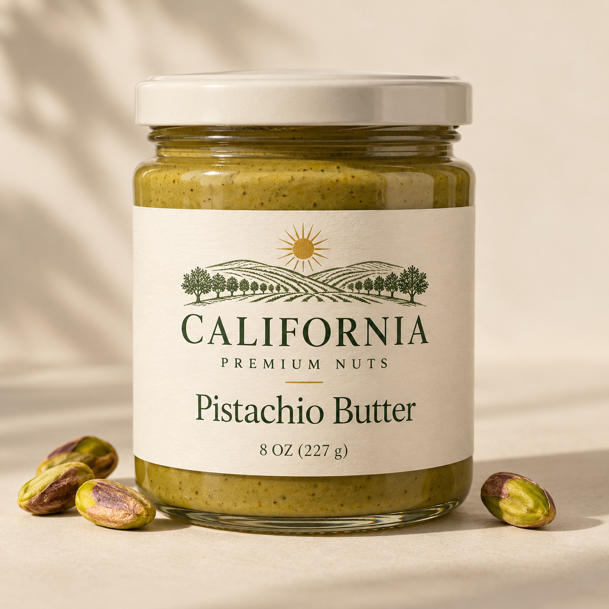 Concept jar of pistachio butter with scattered kernels