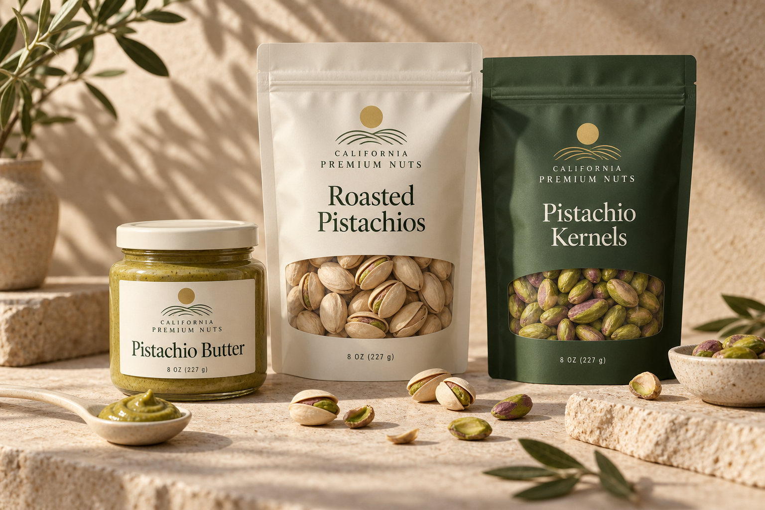 Packaging concept: ivory pistachio butter jar and coordinated pistachio pouches in California sunlight
